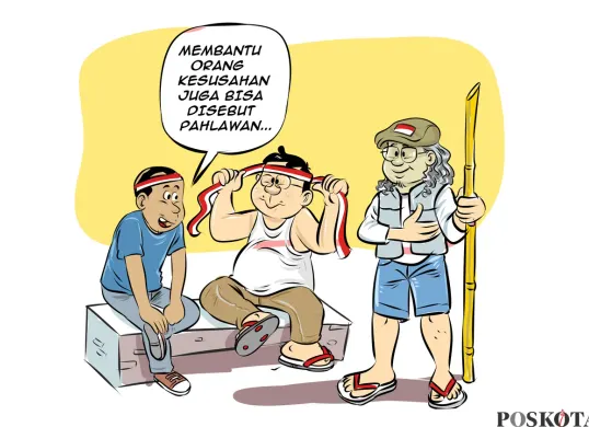Ilustrasi obrolan warteg tentang makna kepahlawanan masa kini — menjadi pahlawan tak harus berjuang di medan perang, cukup dengan membantu sesama yang sedang kesusahan. (Sumber: Poskota/Arif Setiadi)