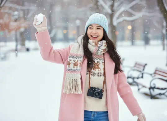 Hasil edit prompt Gemini AI foto cewek cantik bermain salju ala drama korea (Drakor) yang viral di TikTok. (Sumber: Freepik)