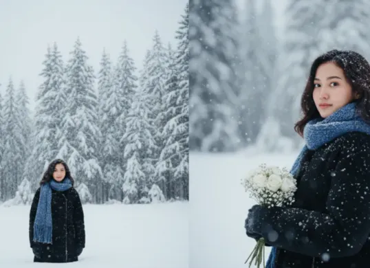 Hasil edit foto perempuan di tengah salju pakai prompt Gemini AI. (Sumber: Gemini AI)