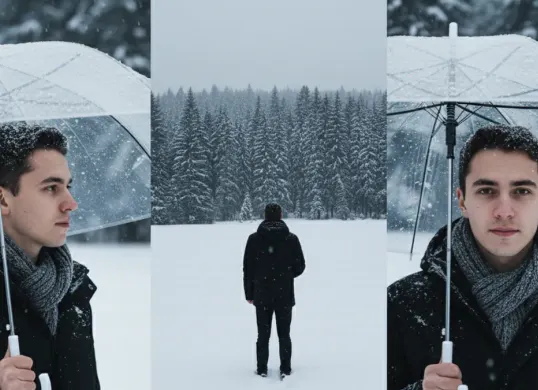 Hasil edit foto tema salju untuk pria pakai prompt Gemini AI. (Sumber: Gemini AI)