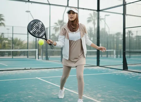 Hasil edit prompt Gemini AI untuk membuat foto wanita hijab sambil bermain padel viral di TikTok. (Sumber: Freepik/tirachardz)