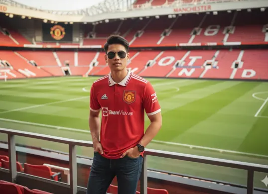 Hasil edit prompt Gemini AI cowok keren nonton Manchester United di Stadion Old Trafford. (Sumber: Freepik/jcomp)