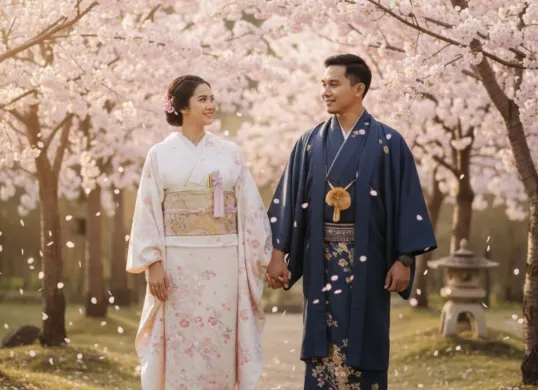 Edit foto AI berdua dengan pasangan tema Jepang. (Sumber: Gemini AI)