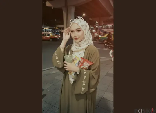 Prompt Edit Foto di Jalanan Malam dengan OOTD Hijab Pakai Gemini AI (Sumber: TikTok/@mia_syifania)