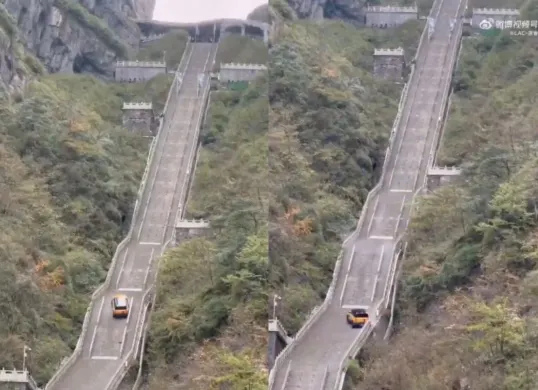 Rekaman mobil Chery Fengyun X3L gagal menaklukkan 999 anak tangga ke Gua Tianmen, Tiongkok. (Sumber: X/@Journalistcnyt)