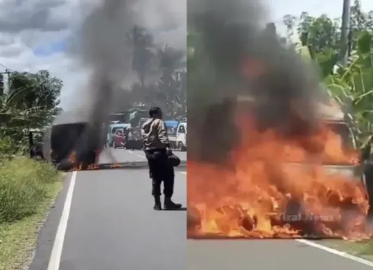 Insiden kebakaran mobil pengangkut uang milik Bank BUMN di Polewali Mandar. Sebanyak Rp 4,6 Miliar ludes terbakar, tidak ada korban jiwa. Simak penyebab dan kronologinya. (Sumber: X/@B3doel___)
