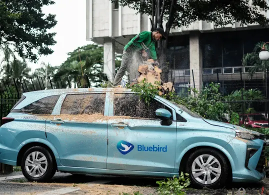 Pohon Tumbang Timpa Mobil Taksi di Depan Kantor Kemenkeu