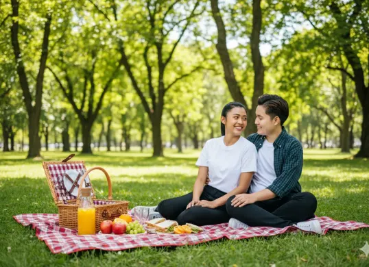 Hasil edit prompt Gemini AI foto pasangan sambil piknik romantis di taman dengan makanan dan minuman favorit. (Sumber: Freepik/jcomp)