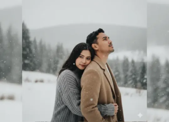 Rahasia prompt Gemini AI untuk menciptakan foto pasangan nuansa salju yang aestetik dan super realistis. Tutorial mudah untuk pemula, cukup dengan foto dan prompt yang tepat. (Sumber: Poskota/Gemini AI Generated)