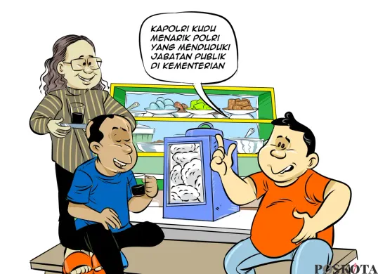 Ilustrasi obrolan warteg, tiga sahabat berdiskusi soal putusan MK yang menyoroti penarikan anggota Polri aktif dari jabatan publik di kementerian. (Sumber: Poskota/Arif Setiadi)