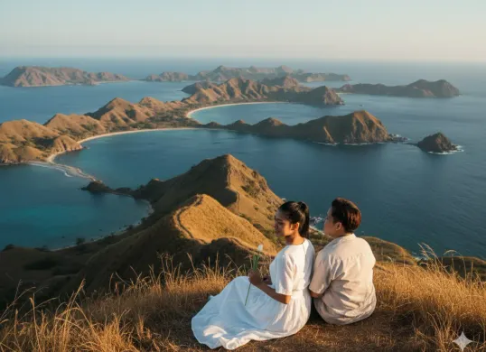Hasil prompt Gemini AI foto pasangan di Pantai Labuan Bajo dengan tampilan realistis. (Sumber: Freepik/jcomp)