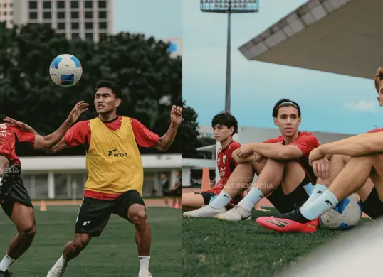 Pemain Timnas Indonesia U-23 saat menjalani sesi latihan menjelang laga uji coba melawan Mali di Stadion Pakansari. (Sumber: Instagram/@timnasindonesia)