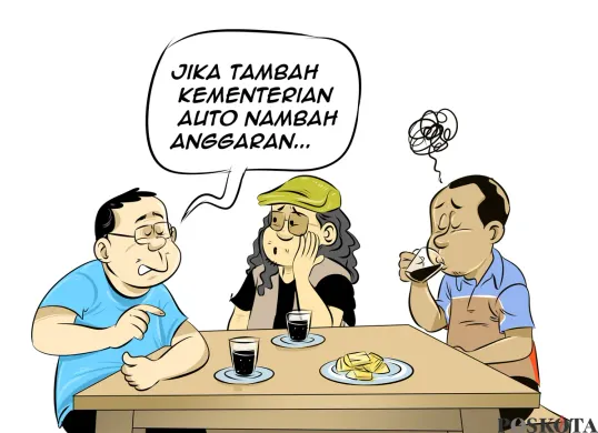Ilustrasi obrolan di warteg: tiga sahabat berdiskusi soal usulan pembentukan Kementerian Pangan, salah satunya menyinggung bahwa penambahan kementerian otomatis menambah anggaran. (Sumber: Poskota/Arif Setiadi)