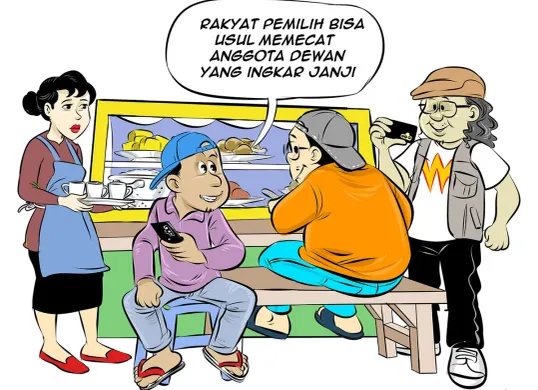 Ilustrasi obrolan tiga sahabat warteg membahas gugatan UU MD3, yang membuka peluang bagi rakyat untuk mengusulkan pemecatan anggota dewan yang dinilai ingkar janji. (Sumber: Poskota/Arif Setiadi)