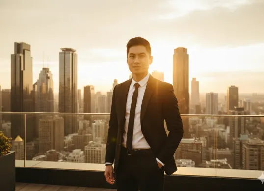 Hasil prompt Gemini AI cowok keren pakai jas ala CEO. (Sumber: Freepik/cookie_studio)