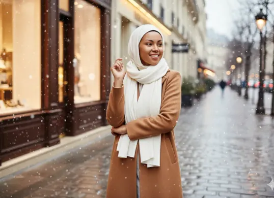 Hasil prompt Gemini AI foto wanita liburan ala hijab traveler di musim salju Paris. (Sumber: Freepik/wayhomestudio)