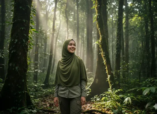 Hasil prompt Gemini AI visual wanita berhijab dalam latar alam terbuka, mulai dari pantai, hutan tropis, hingga puncak gunung. (Sumber: Freepik)