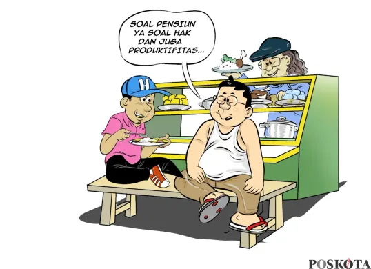 Ilustrasi obrolan di warteg, tiga sahabat sedang berbincang soal wacana perpanjangan usia pensiun anggota Polri, menekankan pentingnya hak bekerja dan produktivitas. (Sumber: Poskota/Arif Setiadi)