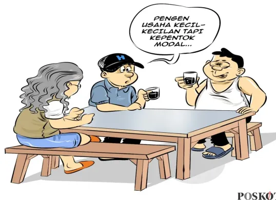 Ilustrasi obrolan tiga sahabat di warteg sambil menikmati kopi, membahas keinginan membuka usaha kecil namun terkendala modal. (Sumber: Poskota/Arif Setiadi)