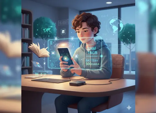 Ilustrasi siswa menggunakan smartphone untuk kegiatan belajar digital dengan dukungan perangkat ber-RAM besar dan baterai tahan lama. (Sumber: Gemini AI)