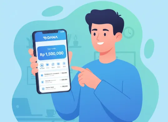Ilustrasi pengguna sedang mengecek saldo DANA di smartphone, menampilkan antarmuka dompet digital. (Sumber: Gemini AI)