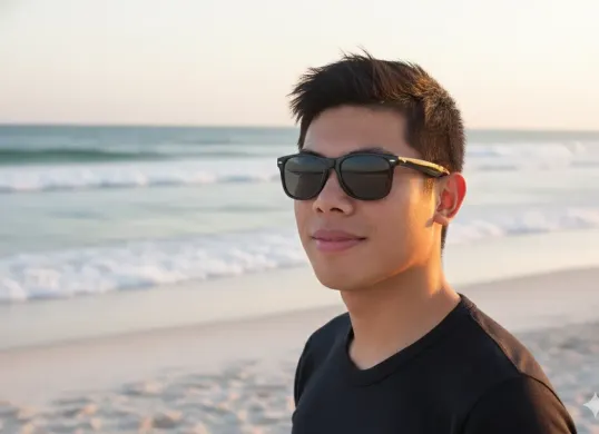 Hasil prompt Gemini AI foto cowok maskulin secara close up di pantai pakai kacamata hitam. (Sumber: Freepik/asier_relampagoestudio)