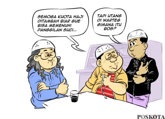 Ilustrasi tiga sahabat sedang berbincang di warteg tentang kuota haji 2026, sambil menyelipkan humor soal urusan pelunasan biaya dan hutang warteg. (Sumber: Poskota/Arif Setiadi)
