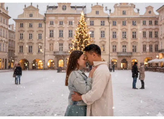 Hasil prompt Gemini AI terbaik foto pasangan liburan di Eropa berselimut salju. (Sumber: Freepik)