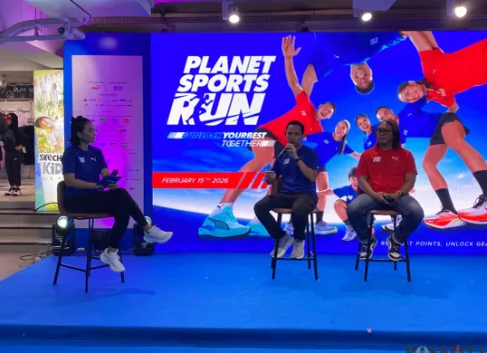 Panji Cakrasantana GM MAP Active Sports Brand Marketing dan Didit , Race Director Planet Sports Run 2026 saat mengisi talkshow Planet Sports Run 2026 yang digelar di Djakarta Theater Rabu, 26 November 2025 (Sumber: Poskota: Herdyan Anugrah Triguna)