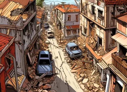 Ilustrasi bangunan yang hancur karena gempa bumi. (Sumber: Freepik)