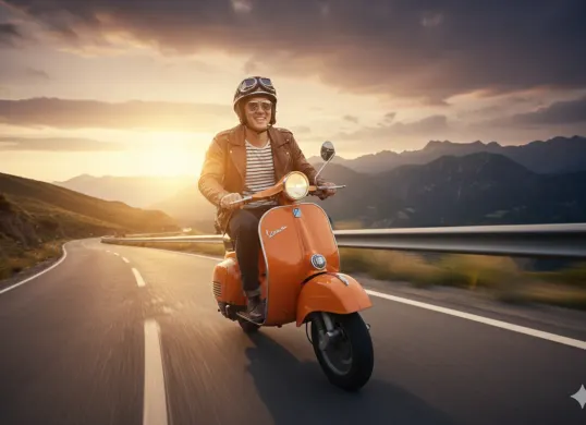 Prompt Gemini AI cowok keren bawa motor vespa klasik. (Sumber: Freepik/katemangostar)