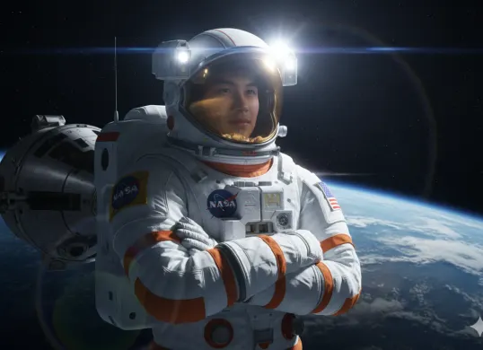 Hasil edit prompt Gemini AI foto cowok menjadi astronot NASA di luar angkasa menyerupai adegan film sci-fi. (Sumber: Freepik/cookie_studio)