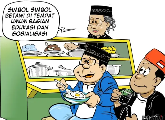 Ilustrasi obrolan warteg Bung Heri, Mas Bro, dan Bang Yudi tentang penguatan identitas Betawi, termasuk pemasangan simbol budaya di ruang publik sebagai bagian edukasi dan sosialisasi. (Sumber: Poskota/Arif Setiadi)