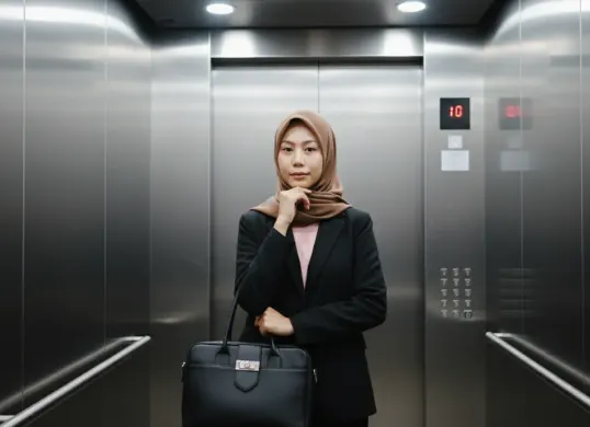 Hasil edit prompt Gemini AI foto wanita berhijab di dalam lift. (Sumber: Freepik/tirachardz)