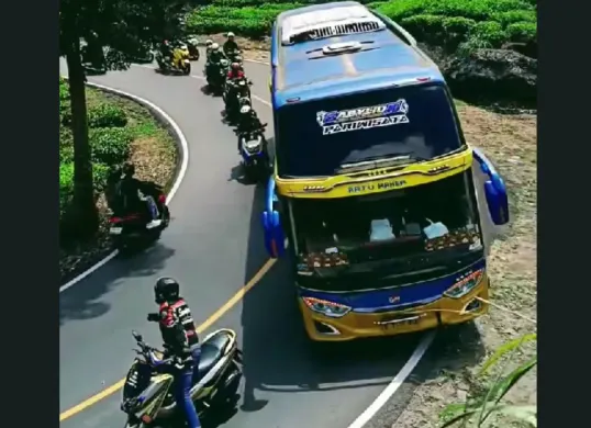Pengendara NMax hentikan bus di Ciwidey (Sumber: TikTok/mbud_ojol)