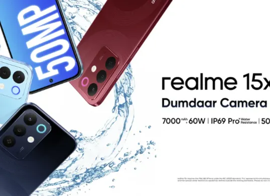 HP murah dengan fitur premium Realme 15x 5G menjawabnya! Dilengkapi ketahanan air IP68, kamera Sony 50MP, dan fast charging 60W. (Sumber: realme.com)
