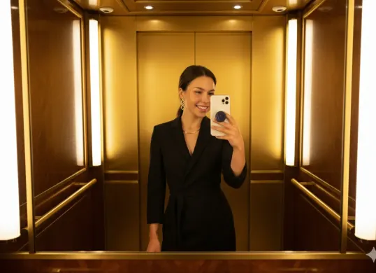 Hasil edit prompt Gemini AI foto viral mirror selfie di lift dengan iPhone 17. (Sumber: Freepik)