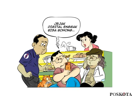 Ilustrasi obrolan warteg, para sahabat membahas viralnya video Gubernur Sumut Bobby Nasution saat hentikan truk berpelat BL. “Jejak digital enggak bisa bohong,” celetuk salah satu dari mereka. (Sumber: Poskota/Arif Setiadi)