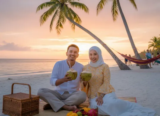 Hasil edit foto pasangan liburan di pantai pakai prompt Gemini AI. (Sumber: Gemini AI)