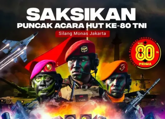 Saksikan kemegahan HUT ke-80 TNI di Monas! Tonton simulasi tempur darat, laut, udara, dan atraksi spektakuler 156 pesawat TNI AU. (Sumber: Instagram@puspentni)