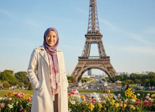 Hasil edit prompt Gemini AI terbaru potret wanita berhijab dengan latar pemandangan luar negeri. (Sumber: Freepik/tirachardz)