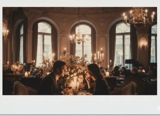 Hasil edit prompt Gemini AI viral foto pasangan romantis yang sedang dinner di kafe mewah dengan hasil akhir bergaya polaroid vintage. (Sumber: Freepik)