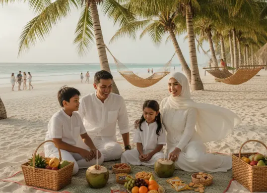 Hasil foto liburan keluarga di pantai pakai prompt Gemini AI. (Sumber: Gemini AI)