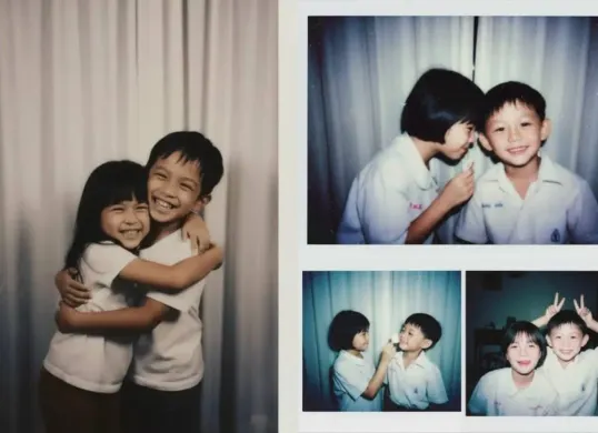 Tren TikTok foto masa kecil pasangan bergaya polaroid. (Sumber: TikTok)