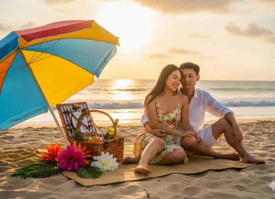 Hasil edit foto prompt Gemini AI keren terbaru pasangan romantis di tepi pantai. (Sumber: Freepik)
