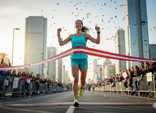 Hasil edit prompt Gemini AI keren foto wanita lari marathon di garis finish. (Sumber: Freepik/nensuria)
