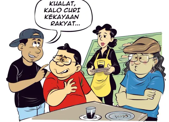 Ilustrasi obrolan di warteg, Bung Heri, Mas Bro, dan Bang Yudi membahas soal tambang ilegal dan peringatan agar tak mencuri kekayaan rakyat. (Sumber: Poskota/Arif Setiadi)