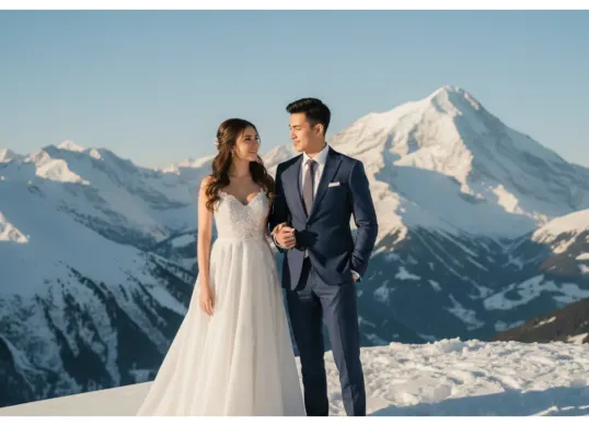 Hasil edit prompt Gemini AI prewedding terbaru dengan konsep ala Syifa Hadju dan El Rumi di pegunungan Swiss. (Sumber: Freepik/jcomp)