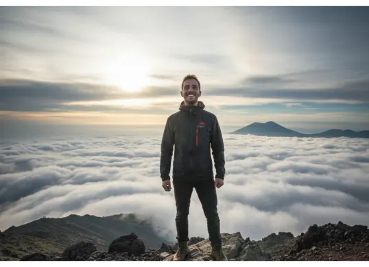 Hasil edit prompt Gemini AI foto cowok keren di puncak Seven Summit Indonesia ala documenter National Geographic. (Sumber: Freepik/pressfoto)