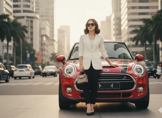 Hasil edit prompt Gemini AI foto wanita viral di samping mobil Mini Cooper. (Sumber: Freepik/user18526052)
